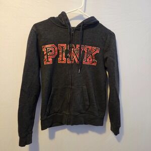 Pink Victoria's Secret Full Zip Gray Jacket Hoodie Plaid Red Logo Womens XS